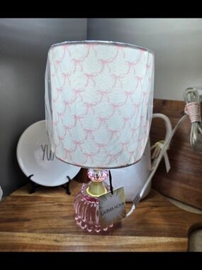 🎀Shabby Chic Pink Glass Mini Lamp - NWT Coquette Aesthetic Bow Print.